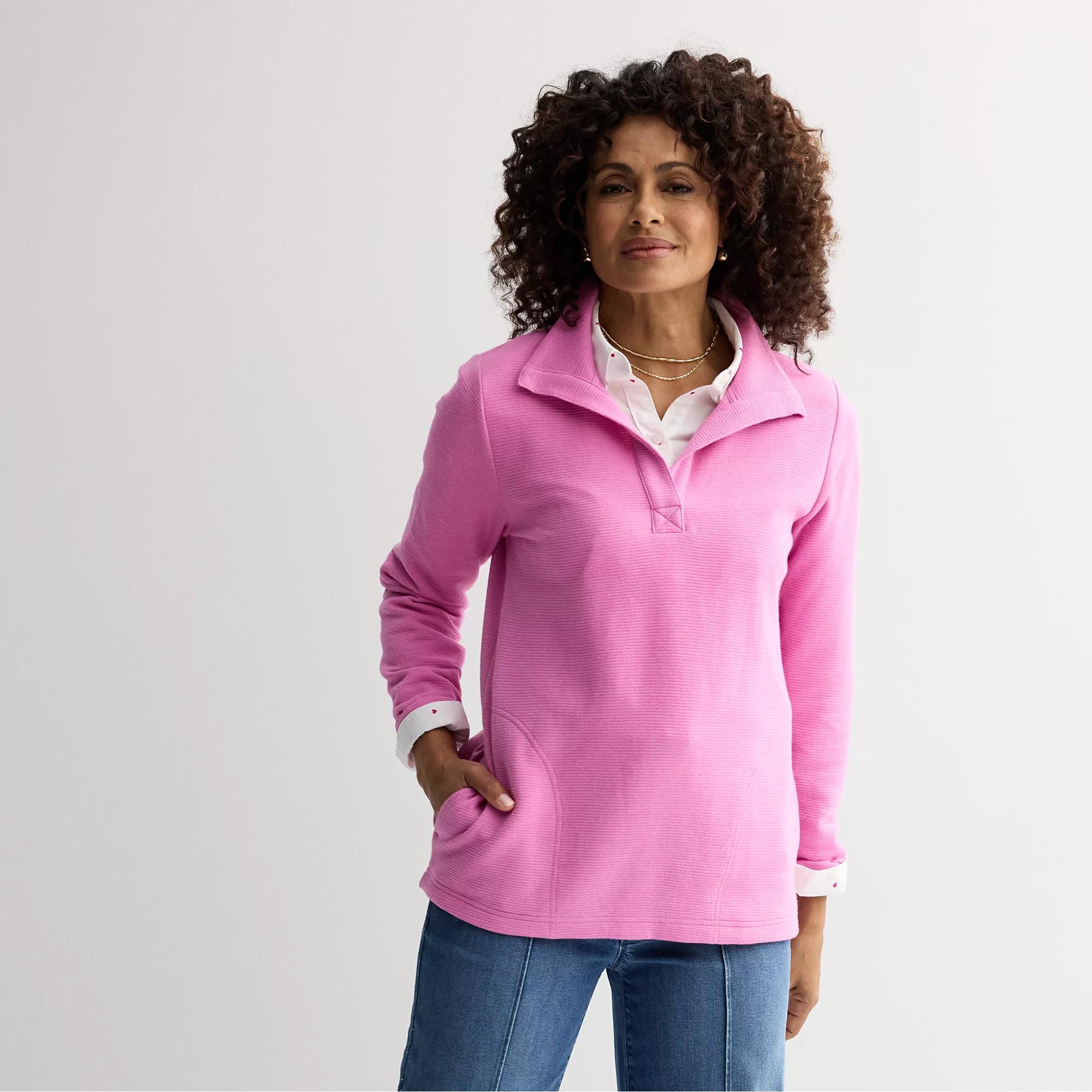 Petite Croft & Barrow® Open Collar Pullover, Women's, Size: XS Petite, Bubblegum Taffy Product Image