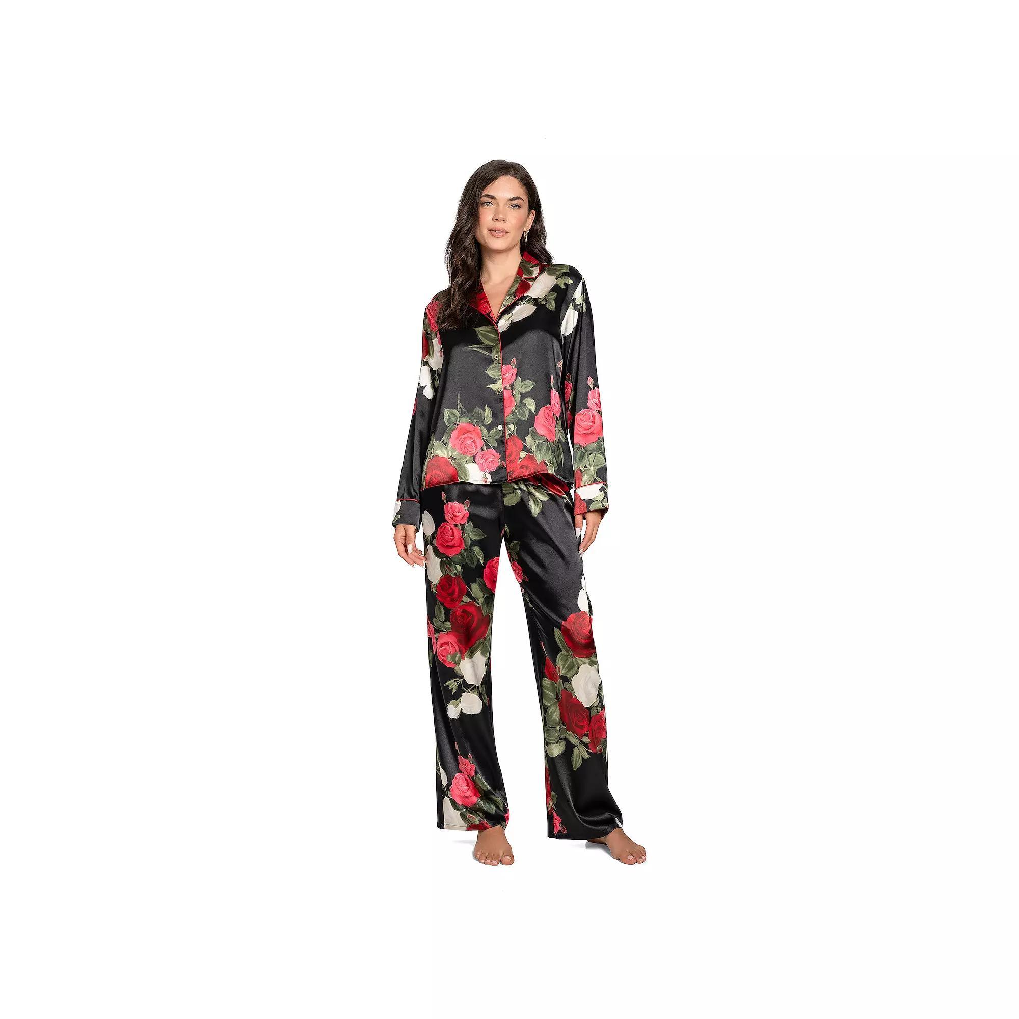 Petite Lilac+London Satin Notch Collar Pajama Top & Pajama Bottoms Set, Women's, Size: XS Petite, Black Red Product Image