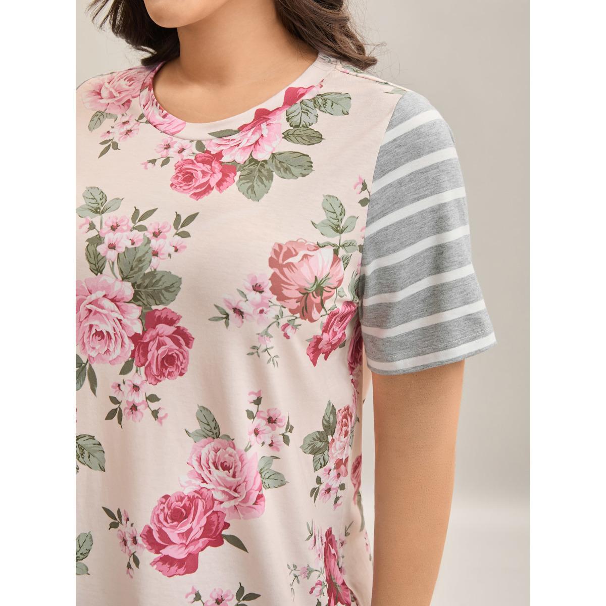 Plus Size Floral Striped Stretchy Crew Neck T-Shirt Multicolor Women Casual Contrast Natural Flowers Round Neck Everyday T-shirts BloomChic 14-16/1X Product Image