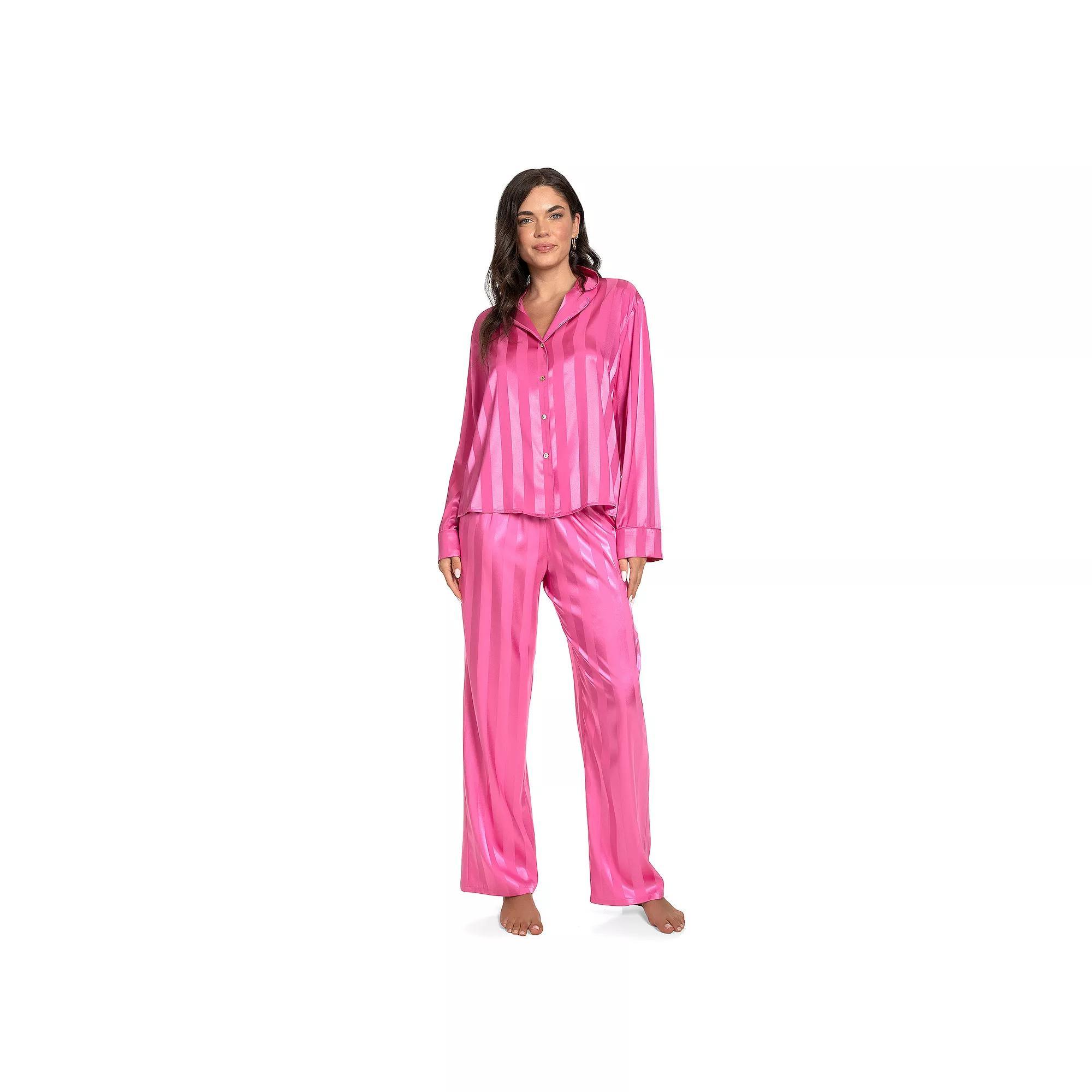 Petite Lilac+London Satin Notch Collar Pajama Top & Pajama Bottoms Set, Women's, Size: XXL Petite, Pink Product Image