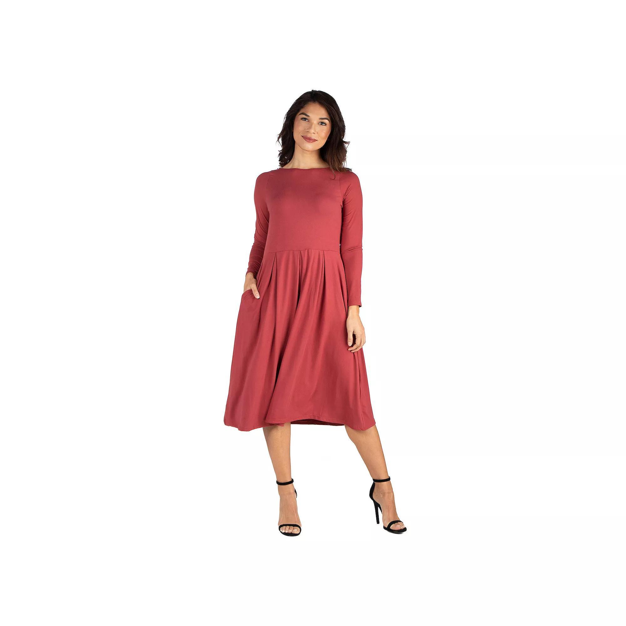 Women's 24Seven Comfort Apparel Long Sleeve Fit & Flare Dress with Pockets, Size: Medium, Brown Product Image