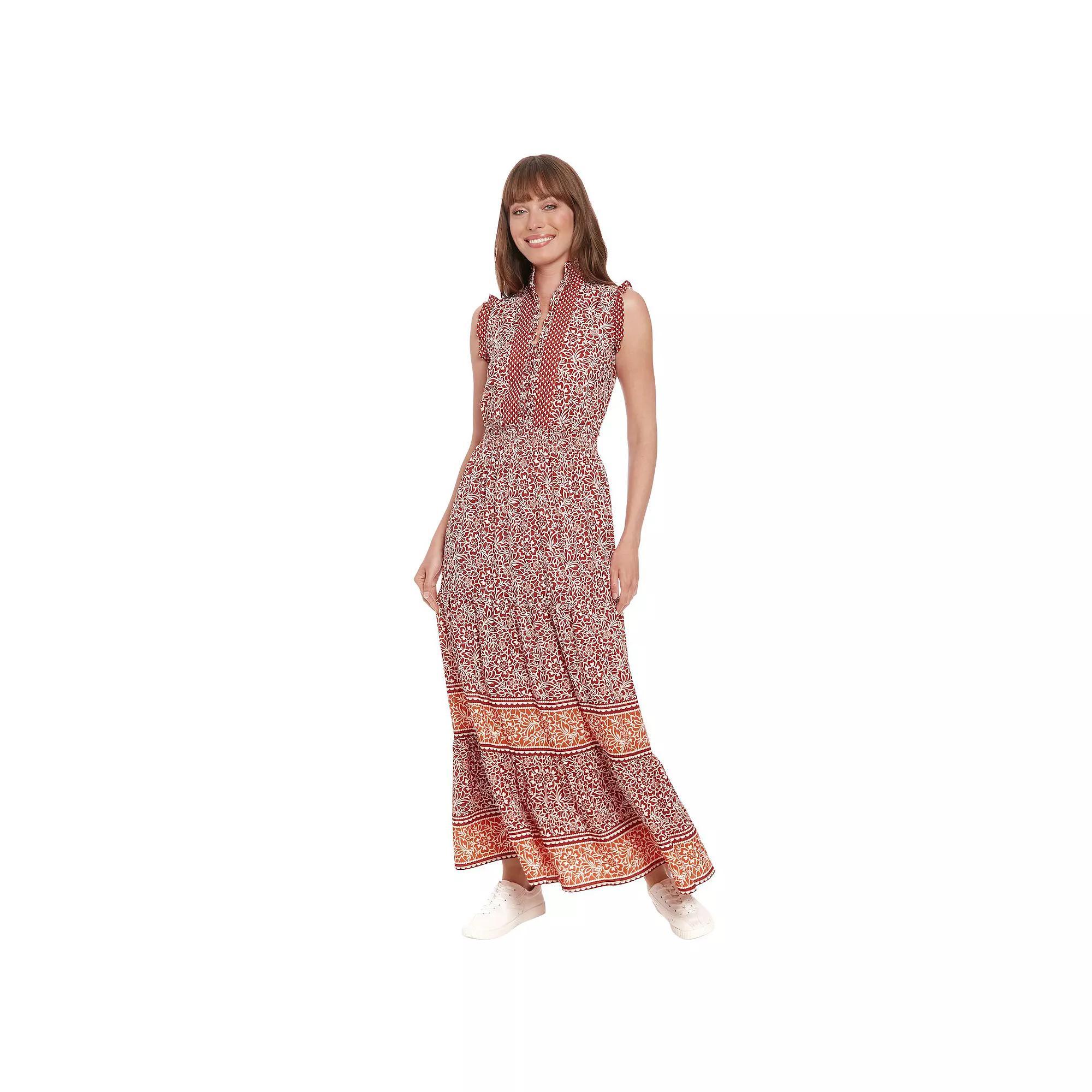 Women's London Times Floral Smocked-Waist Maxi Dress, Size: 12, Brown Ivory Product Image