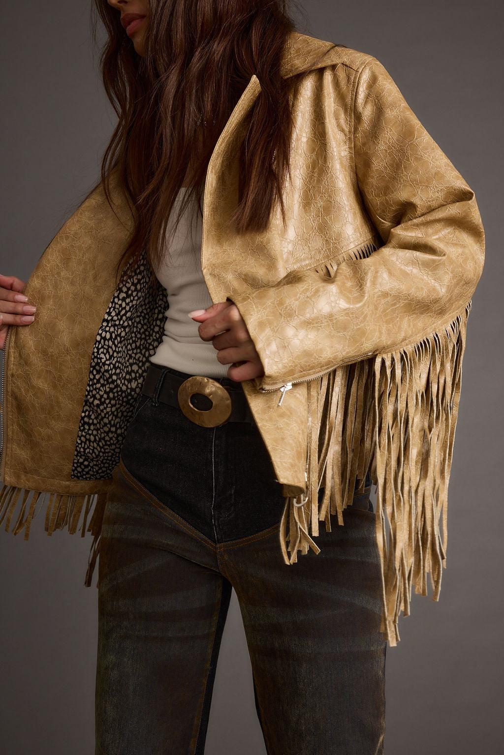 Phoenix Taupe Vegan Leather Moto Fringe Jacket Product Image
