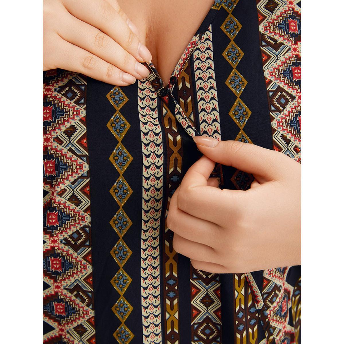 Plus Size Indigo Boho Print V Neck Wrap Blouse Women Vacation Short sleeve V-neck Dailywear Blouses BloomChic 26/4X Product Image