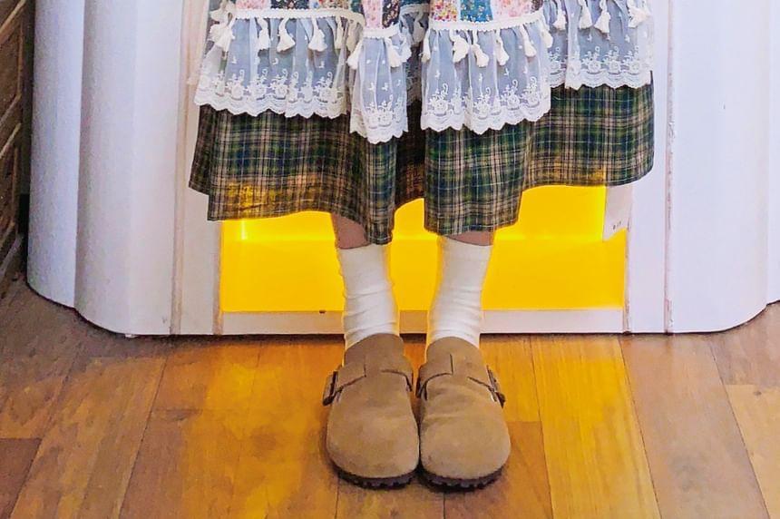 Elastic Waist Floral Print Plaid Panel Bow Accent Fringed Midi A-Line Skirt Product Image