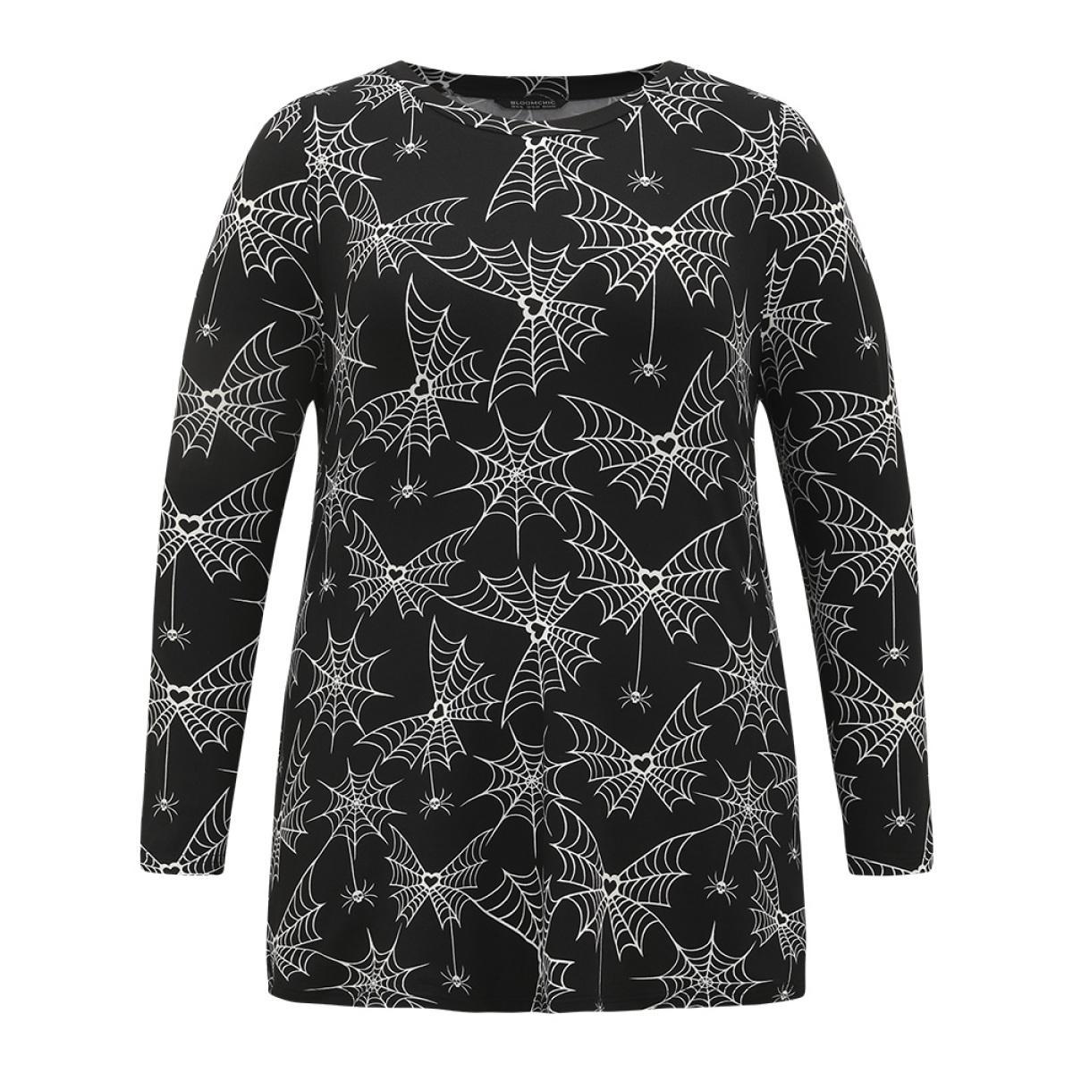 Plus Size Halloween Spider Web Print Round Neck T-shirt Black Women Casual Printed Graphic-Halloween Round Neck Festival-Halloween T-shirts BloomChic 18-20/2X Product Image