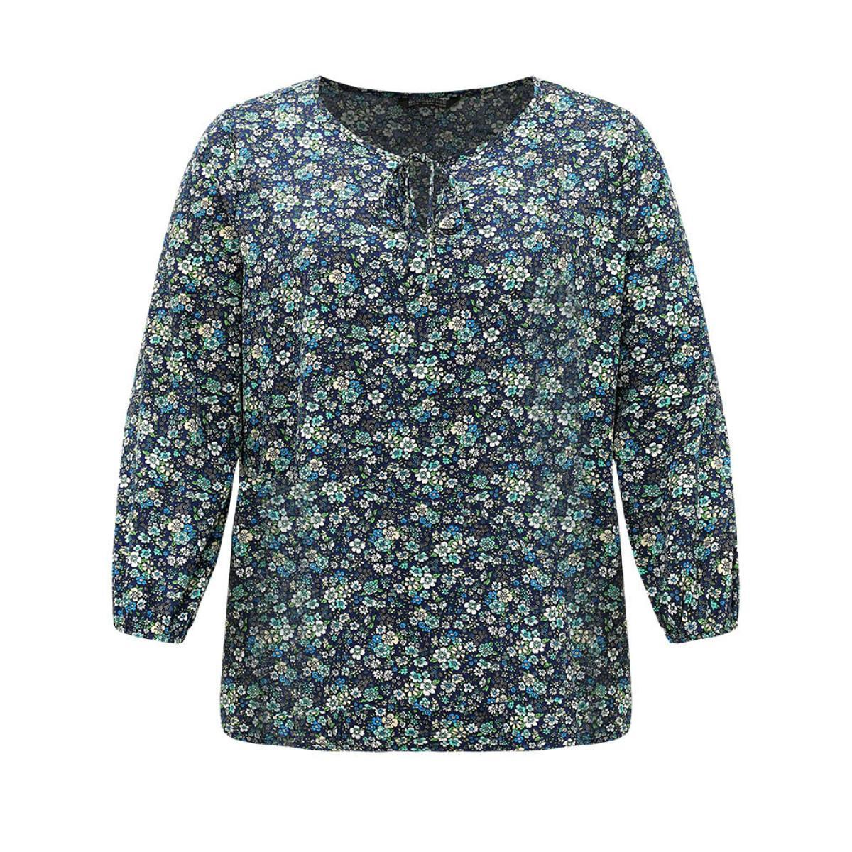 Plus Size Indigo Ditsy Floral Knot Neck Elastic Cuffs Blouse Women Elegant Long Sleeve Tie Neck Everyday Blouses BloomChic 10/M Product Image
