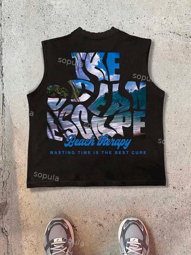 Casual Surfing Alphabet Slogan Printed Cotton Tank Top Product Image
