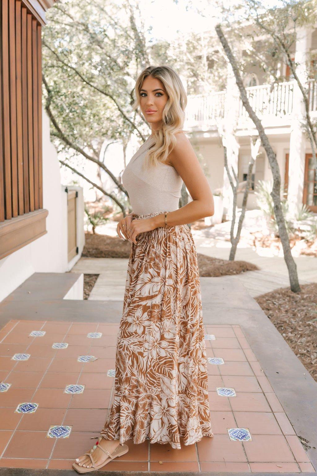 Taupe Floral Print Smocked Maxi Skirt Product Image