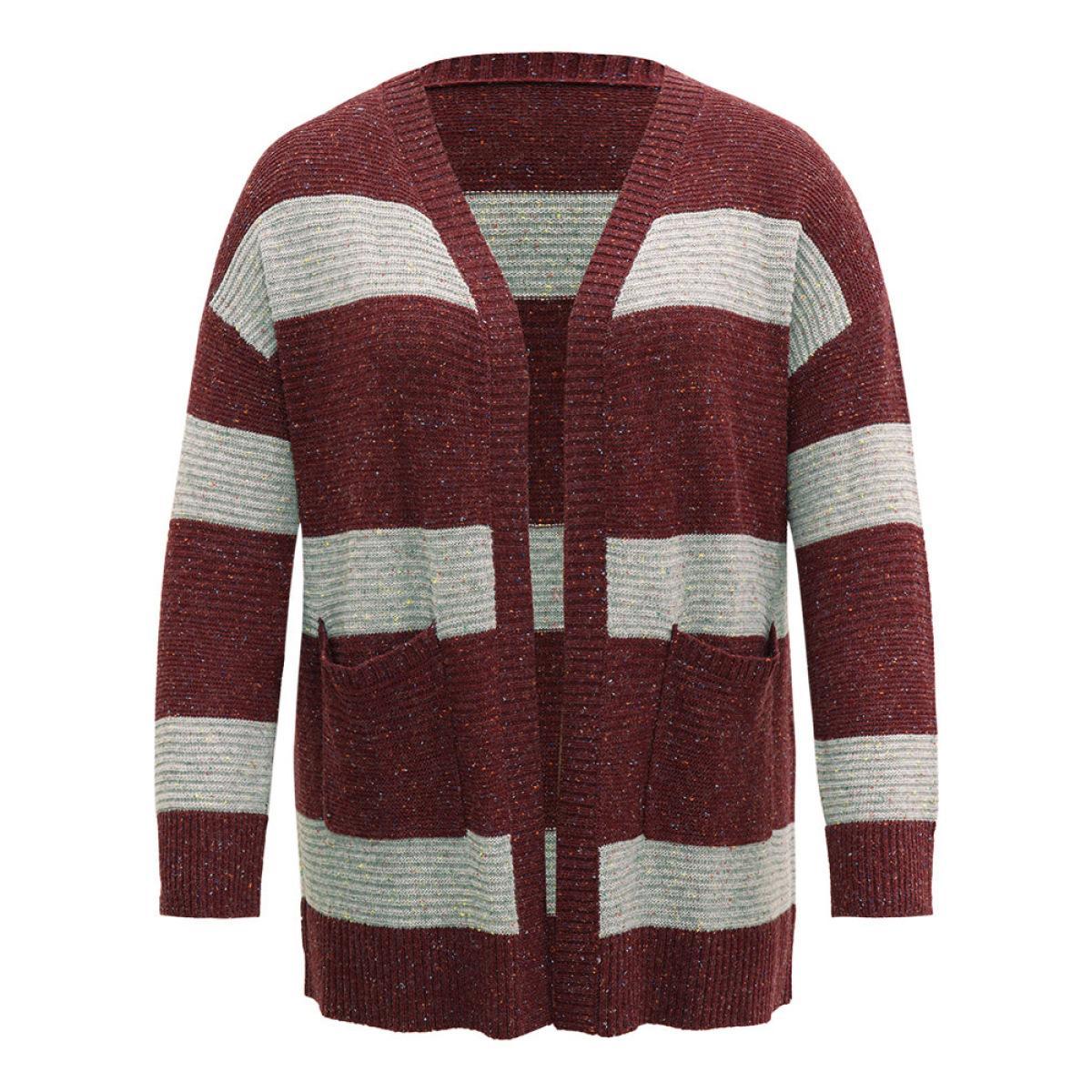 Plus Size Colorblock Patched Pocket Open Front Cardigan Burgundy Women Casual Loose Long Sleeve Dailywear Cardigans BloomChic 14-16/1X Product Image