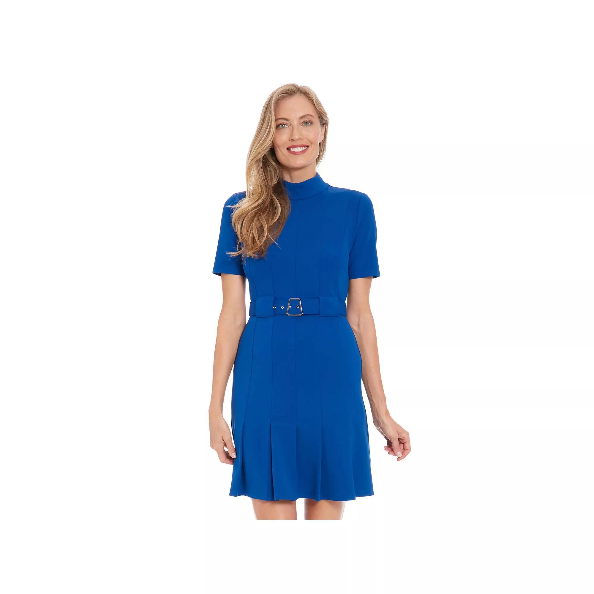 Women's London Times Mock Neck Belted Pleated Dress, Size: 16, Pine Green Product Image