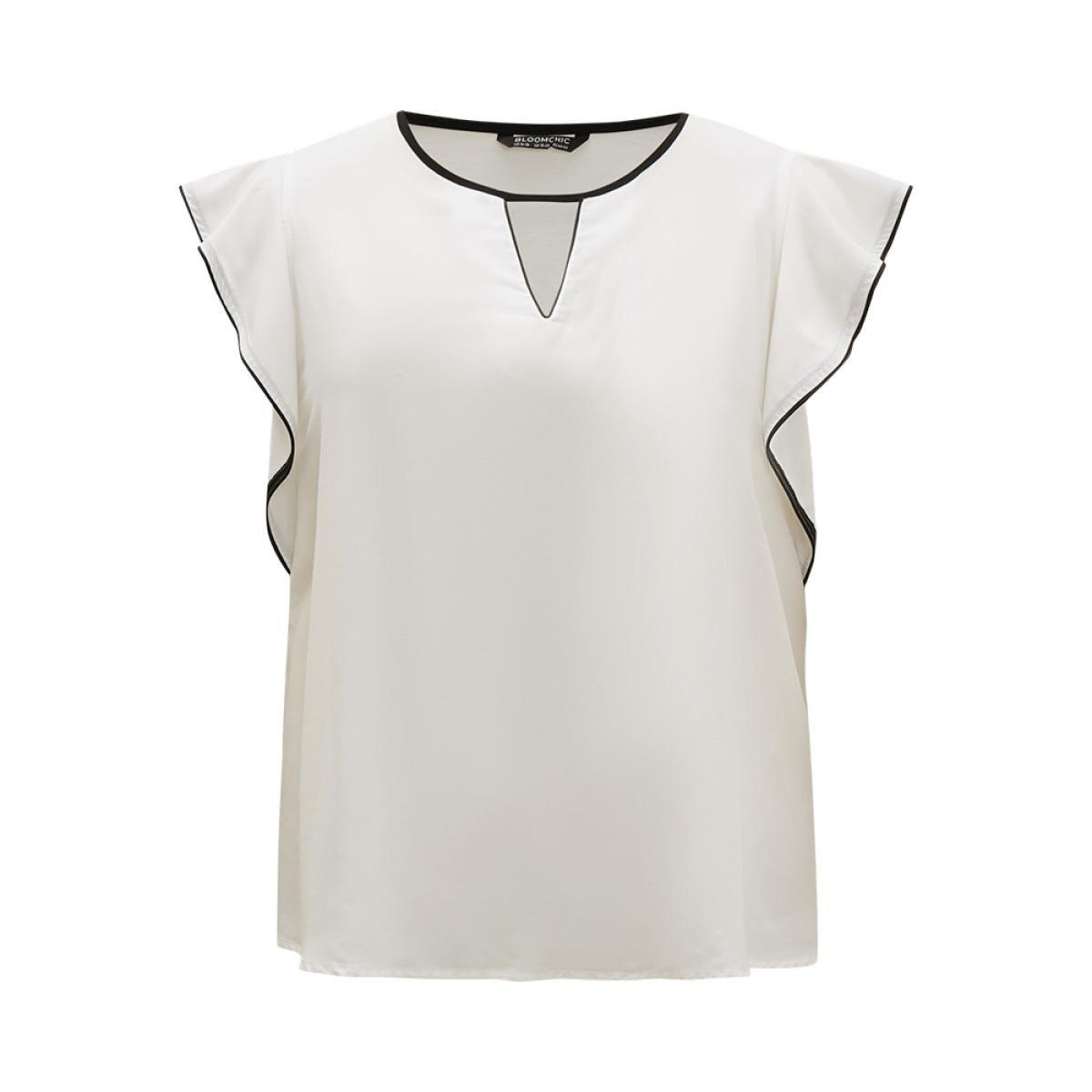 Plus Size Ivory Contrast Keyhole Ruffle Trim Cap Sleeve Blouse Women Office Cap Sleeve Keyhole Cut-Out Work Blouses BloomChic 18-20/2X Product Image