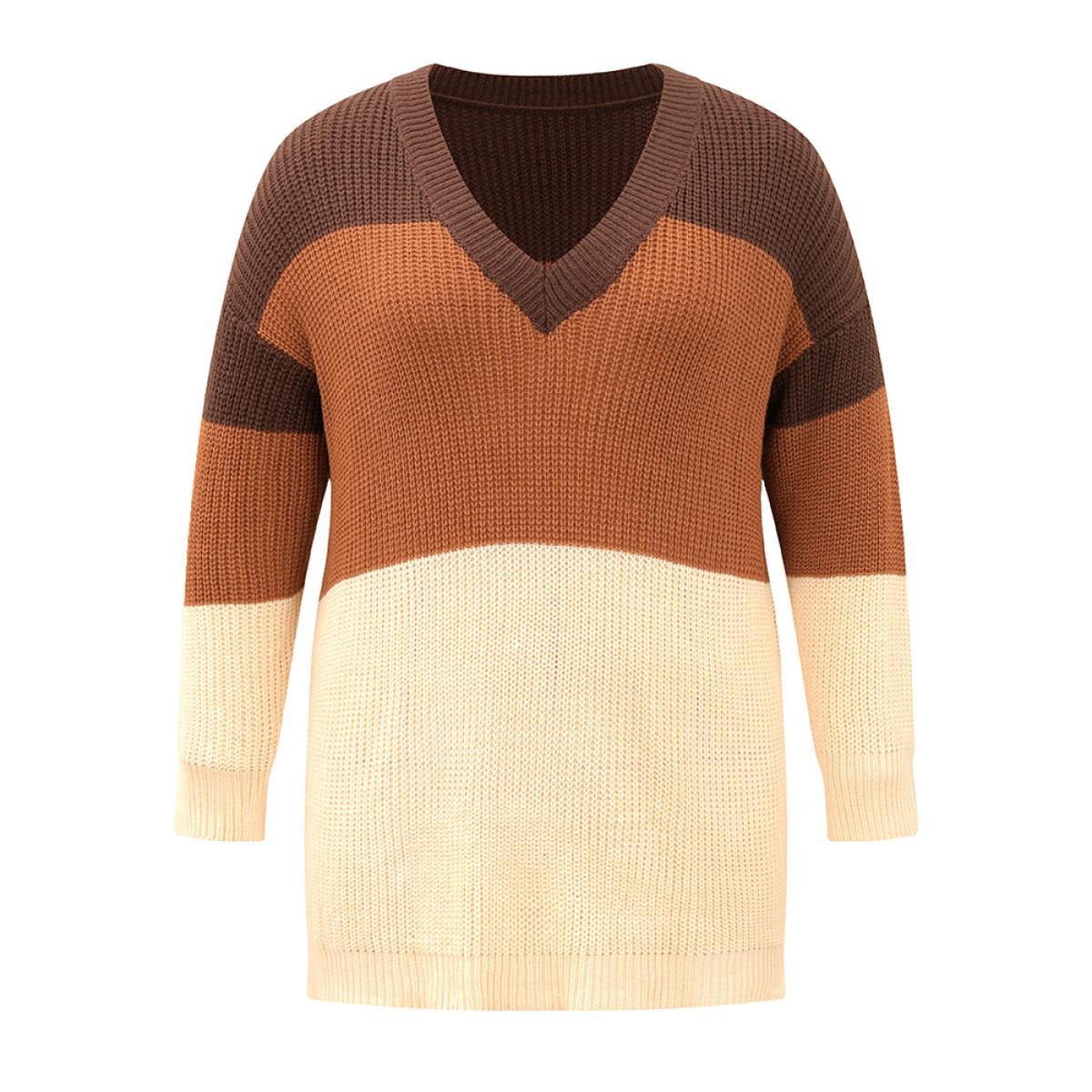 Plus Size Colorblock Patchwork Split Side Drop Shoulder Pullover Multicolor Women Casual Loose Long Sleeve V-neck Dailywear Pullovers BloomChic 18-20/2X Product Image