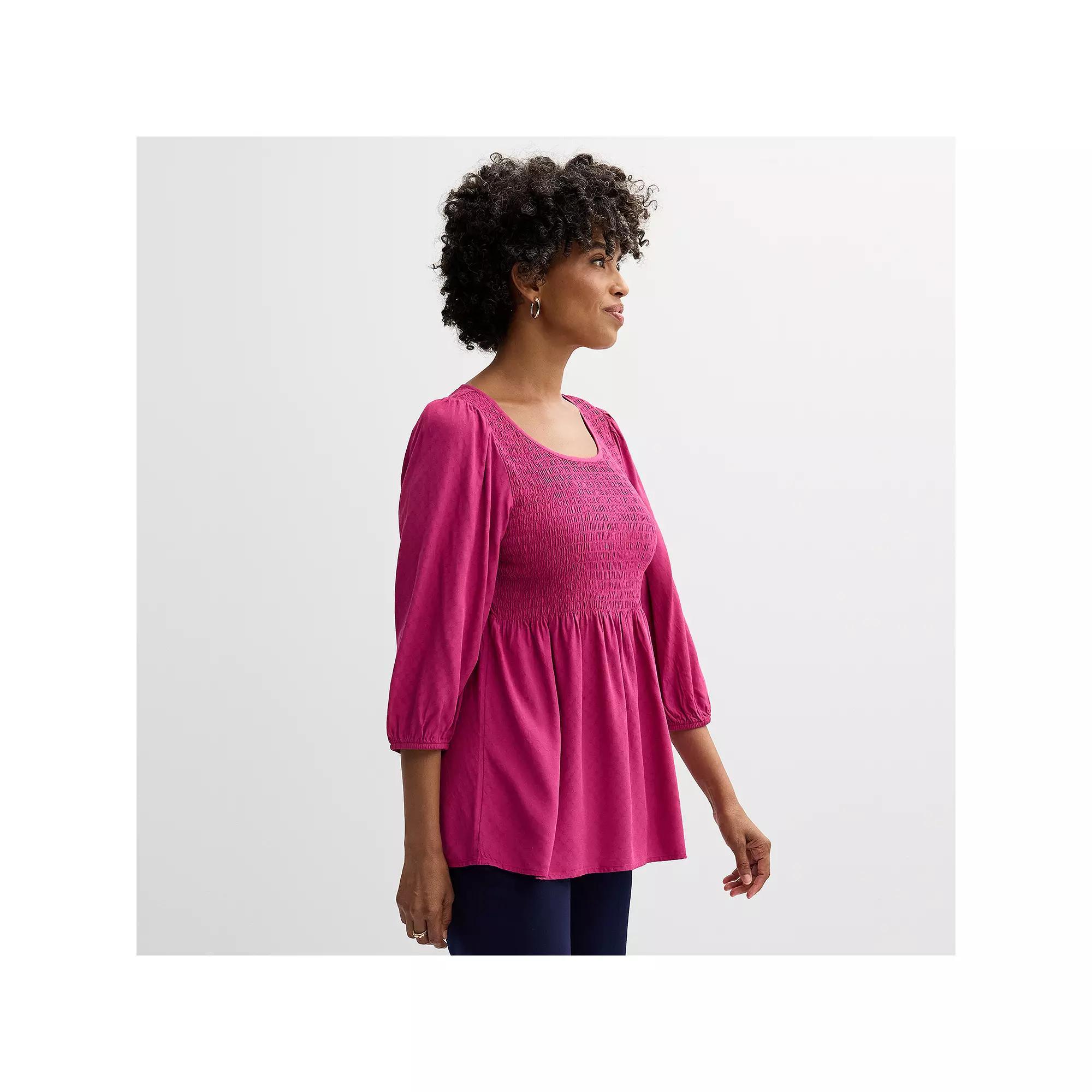 Women's Croft & Barrow® Three-Quarter Sleeve Smocked Blouse, Size: XL, Pink Garden Product Image