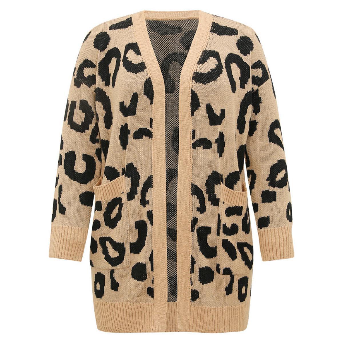Plus Size Leopard Elastic Cuffs Drop Shoulder Cardigan Leopard Women Casual Loose Long Sleeve Everyday Cardigans BloomChic 26/4X Product Image