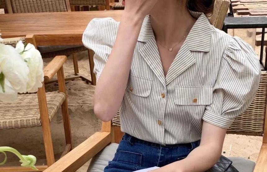 Short-Sleeve Lapel Collar Pinstriped Shirt Product Image
