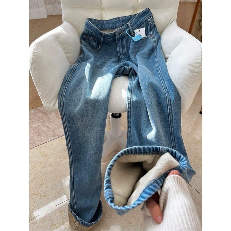 Mid Waist Washed Straight Leg Jeans Product Image