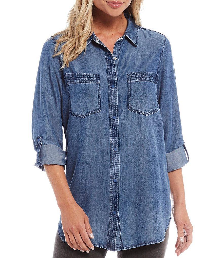 Intro Long Roll-Tab Sleeve Button Front Slub Lyocell Shirt Product Image