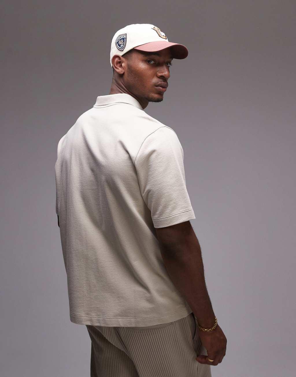 Topman boxy fit button through jersey shirt in stone Product Image