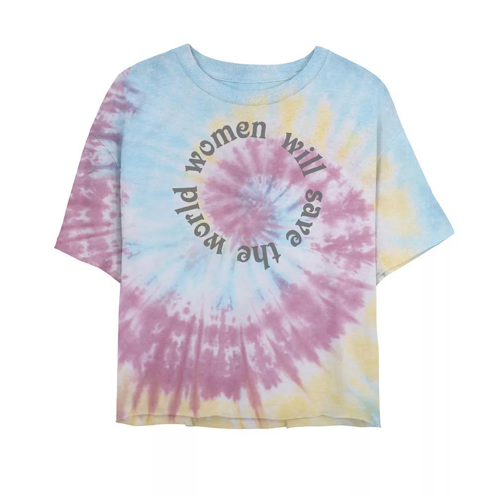 Juniors' "Women Will Save The World" Tie-Dye Cropped Tee, Girl's, Size: Small, Blue Pink Light Yellow Product Image