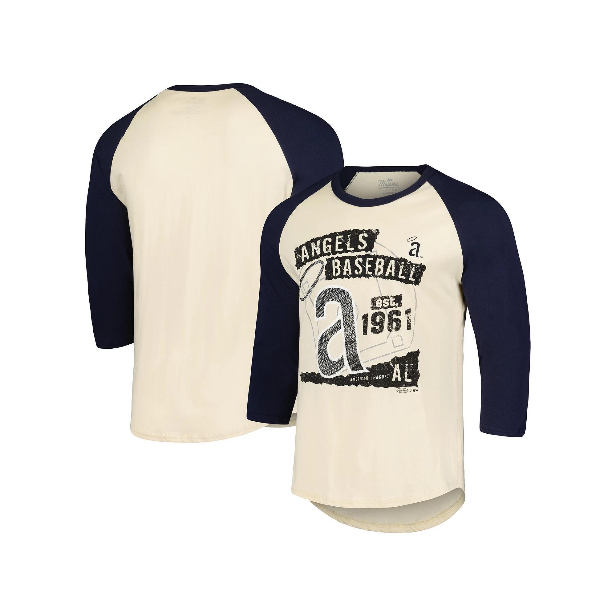 Men's Majestic Threads Cream/Navy Los Angeles Angels Raglan 3/4-Sleeve T-Shirt, Size: 2XL, Beige Product Image