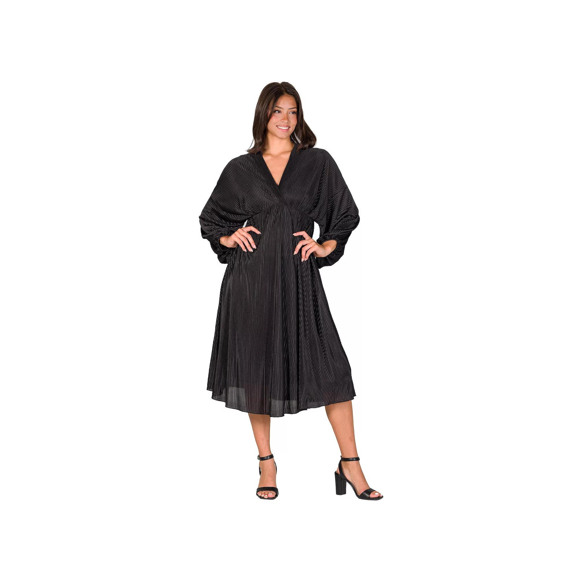 Women's 24Seven Comfort Apparel V-Neck Empire Waist Bishop Sleeve Midi Dress, Size: 1XL, Red Product Image
