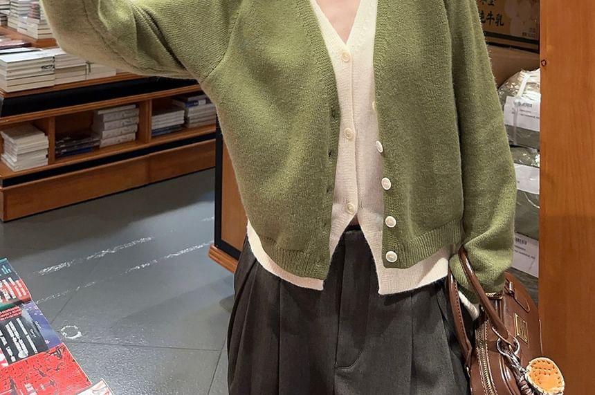 V-Neck Two Tone Mock Two-Piece Cardigan Product Image