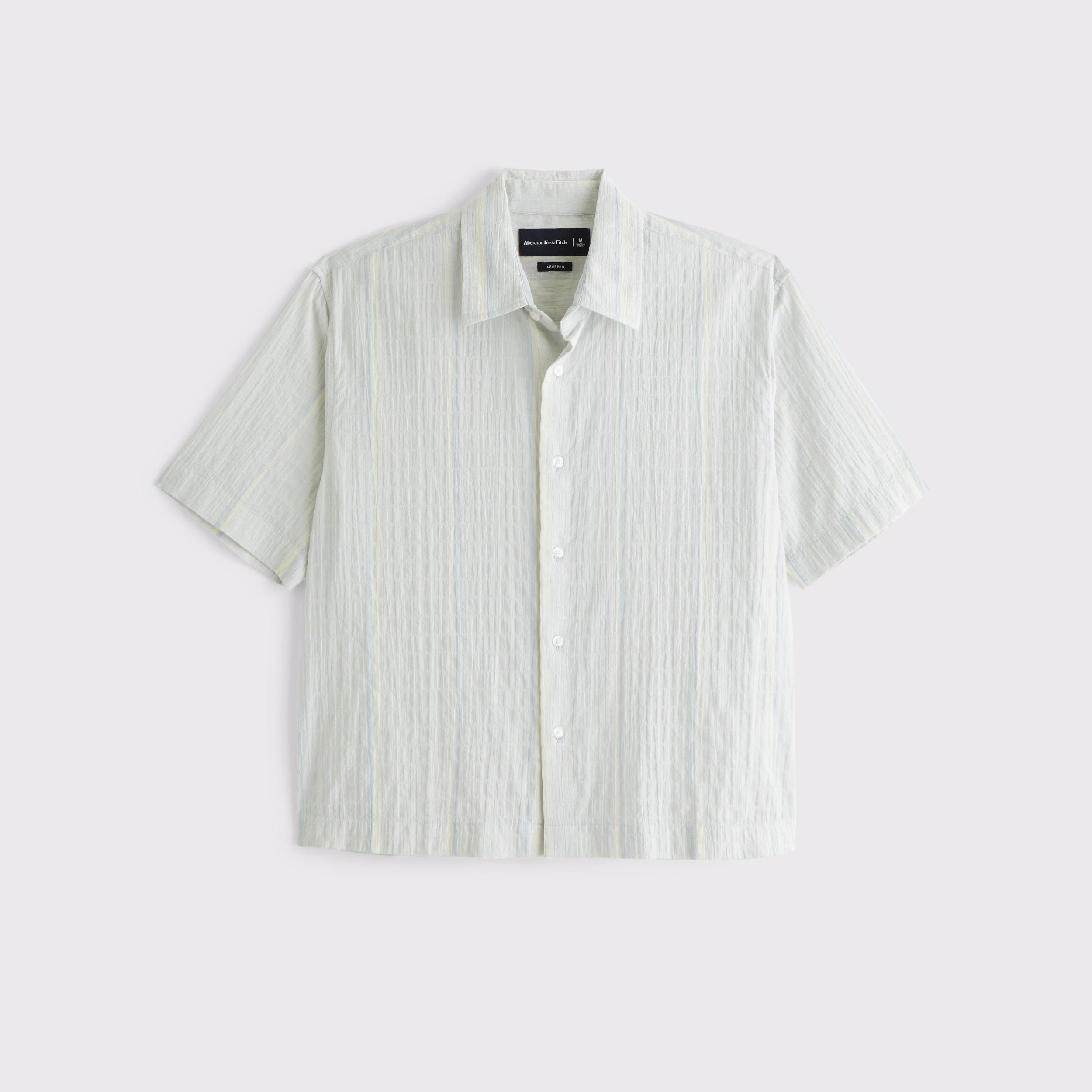 Short-Sleeve Cropped Textured Button-Up Shirt Product Image
