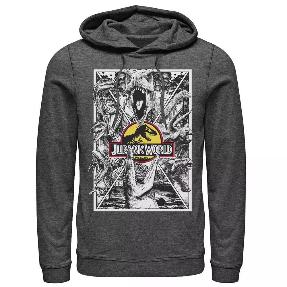 Men's Jurassic World Black and White Comic Dinos Graphic Pullover Hoodie, Size: XXL, Grey Heather Product Image