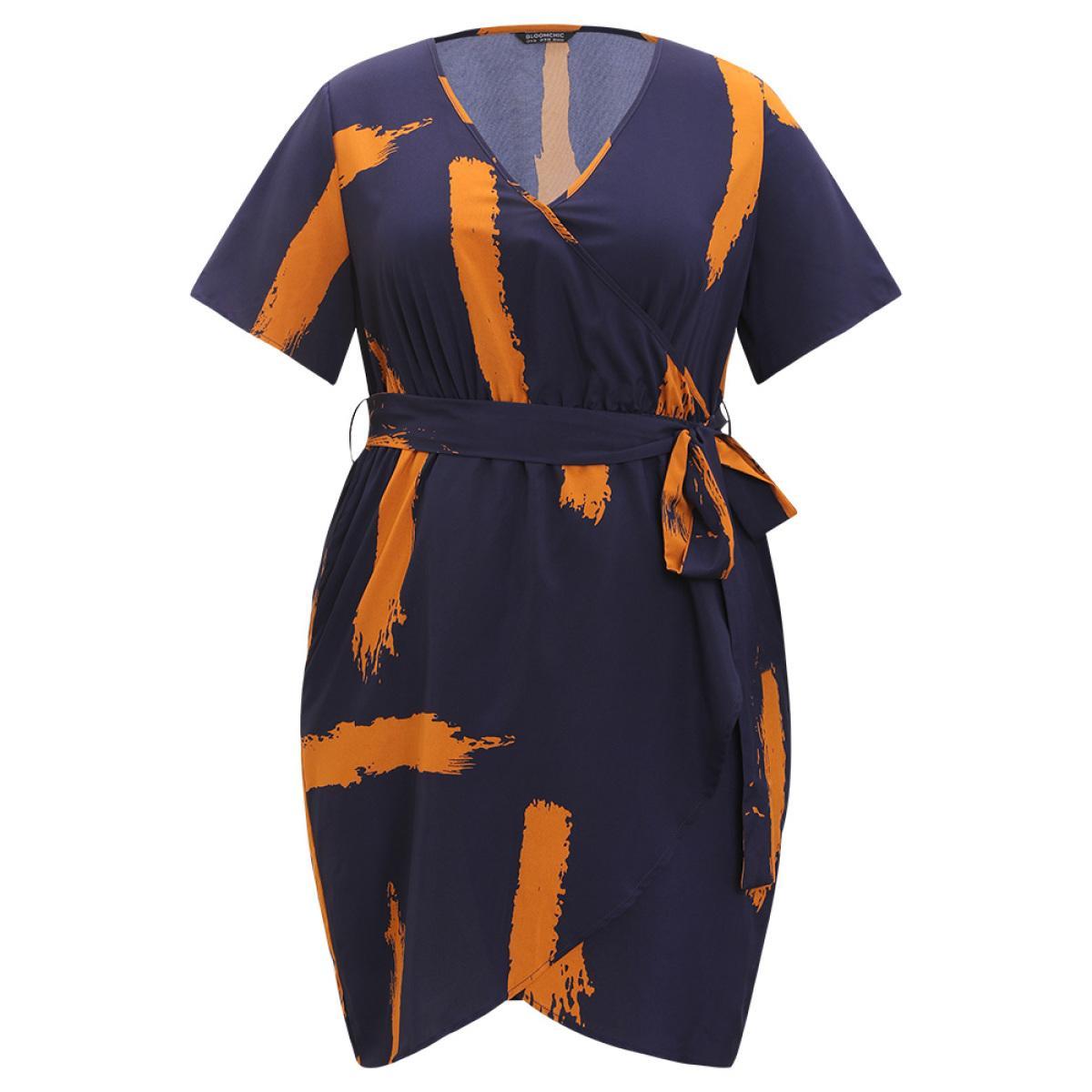 Plus Size Brush Print V Neck Pocket Wrap Hem Belted Dress DarkBlue Women Elegant Wrap V-neck Short sleeve Curvy Short Dress BloomChic 30/6X Product Image