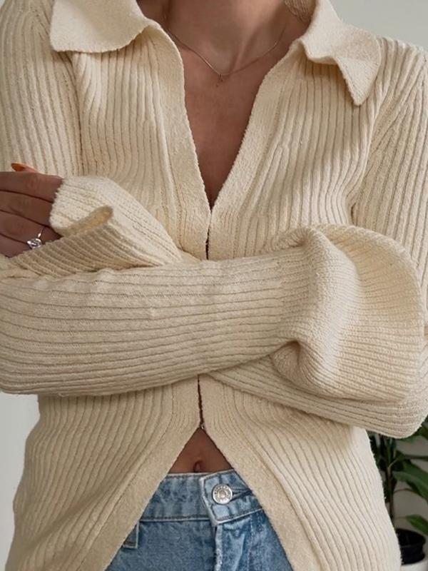 Solid Color Ribbed Flare Design Long Sleeve Shirt Product Image