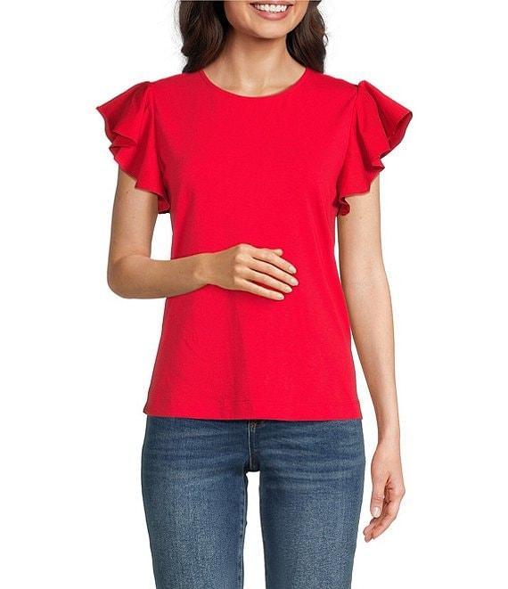 Calessa Petite Size Round Neck Ruffled Short Sleeve Knit Top Product Image