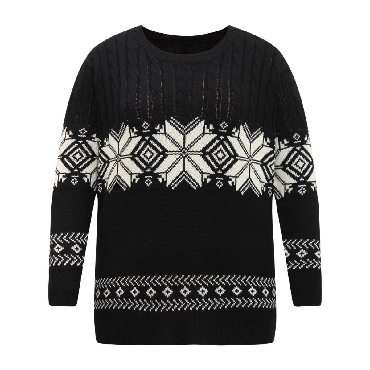Plus Size Geometric Jacquard Cable Knit Pullover Black Women Casual Loose Long Sleeve Round Neck Dailywear Pullovers BloomChic 22-24/3X Product Image