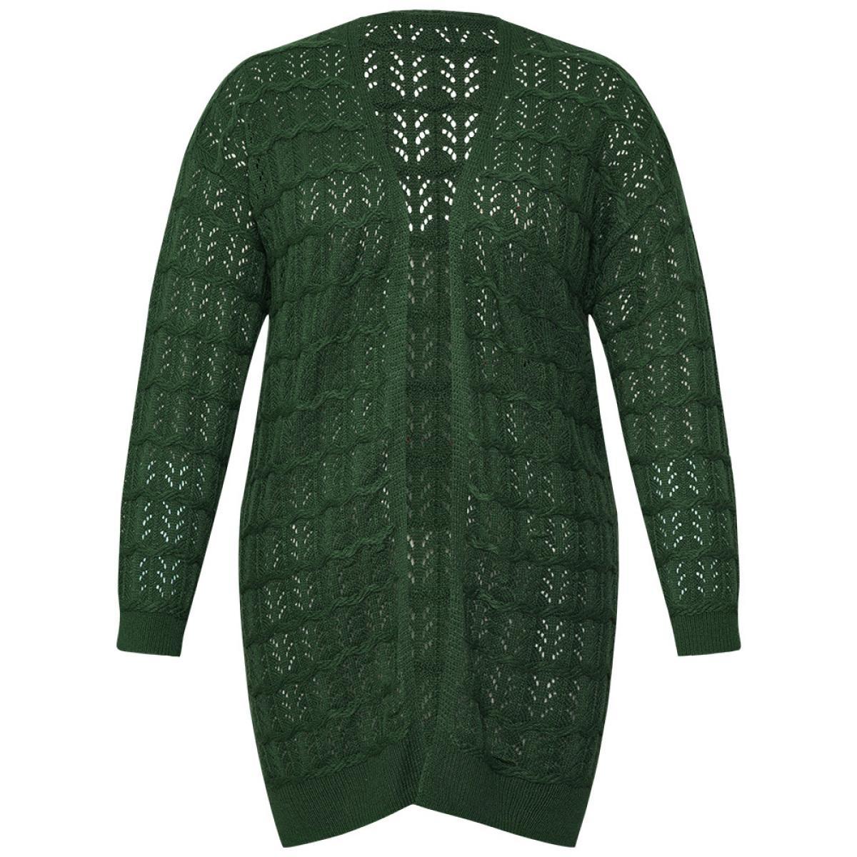 Plus Size Plain Geometric Eyelet Cable Knit Tunic Cardigan DarkGreen Women Casual Loose Long Sleeve Everyday Cardigans BloomChic 10/M Product Image