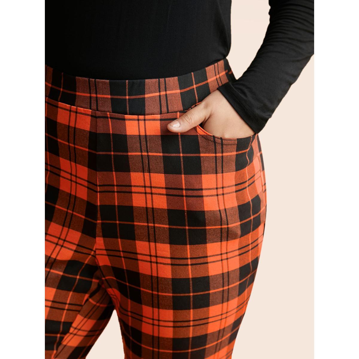 Plus Size Stretchy Plaid Lounge Leggings Women Brightorange Elegant Medium stretch Skinny Mid Rise Everyday Leggings BloomChic 12/L Product Image