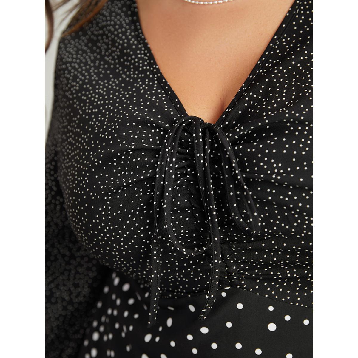 Plus Size Black Polka Dot Ruched Ties Lantern Sleeve Blouse Women Elegant Long Sleeve V-neck Dailywear Blouses BloomChic 26/4X Product Image