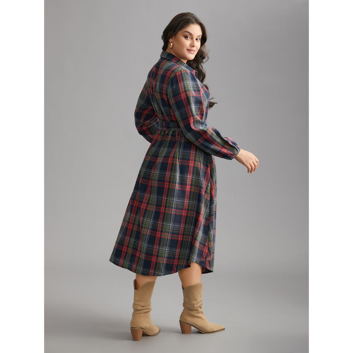 Plus Size Plaid Button Detail Pocket Belted Arc Hem Dress DarkBlue Women Casual Pocket Shirt collar Long Sleeve Curvy Midi Dress BloomChic 26/4X Product Image