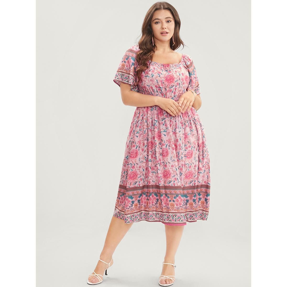 Plus Size Bandana Print Square Neck Pocket Ruffles Shirred Dress Pink Women Vacation Pocket Square Neck Short sleeve Curvy Knee Dress BloomChic 22-24/3X Product Image