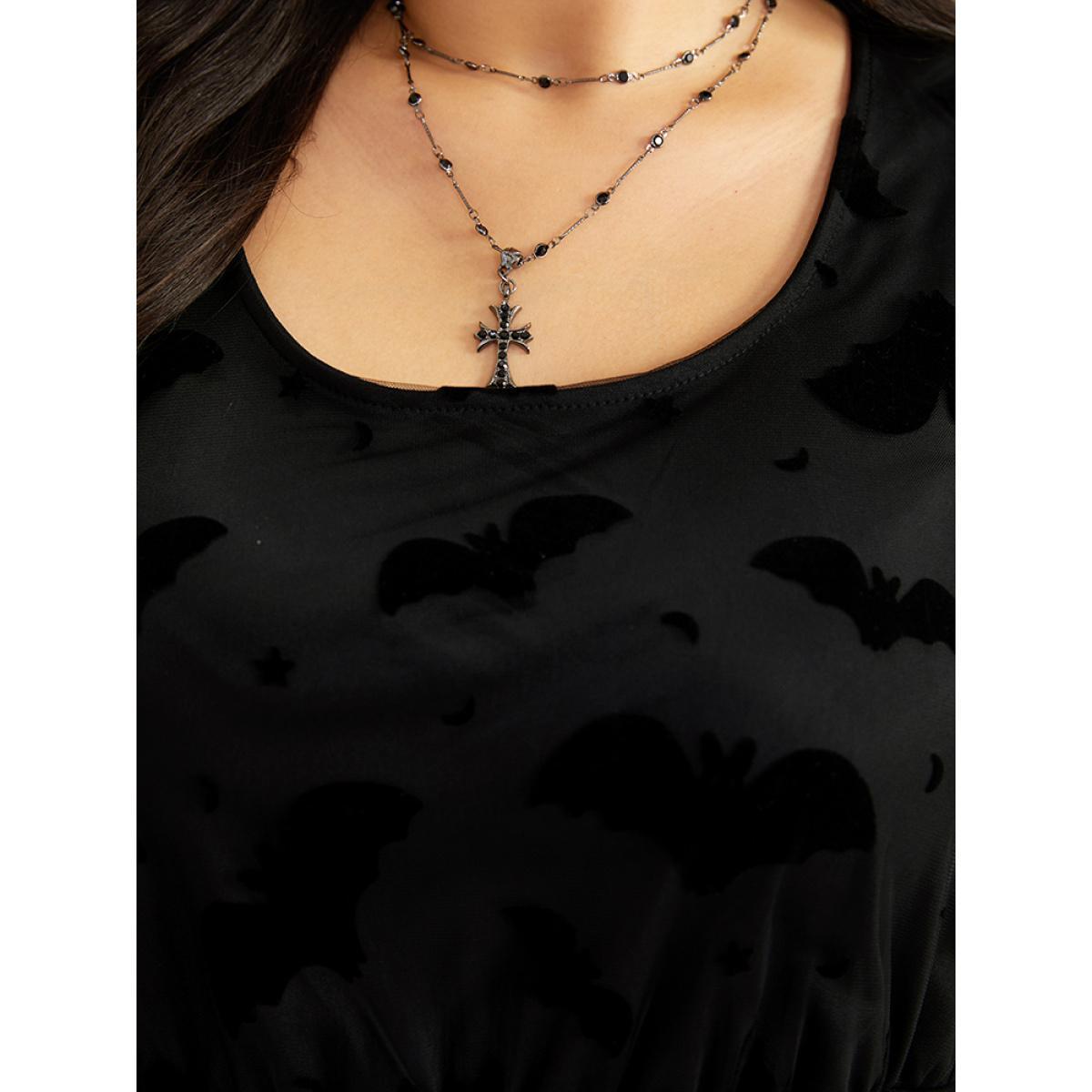 Plus Size Halloween Bat Print Mesh Long Sleeve Dress Black Women Elegant See through Round Neck Long Sleeve Curvy Midi Dress BloomChic 12/L Product Image
