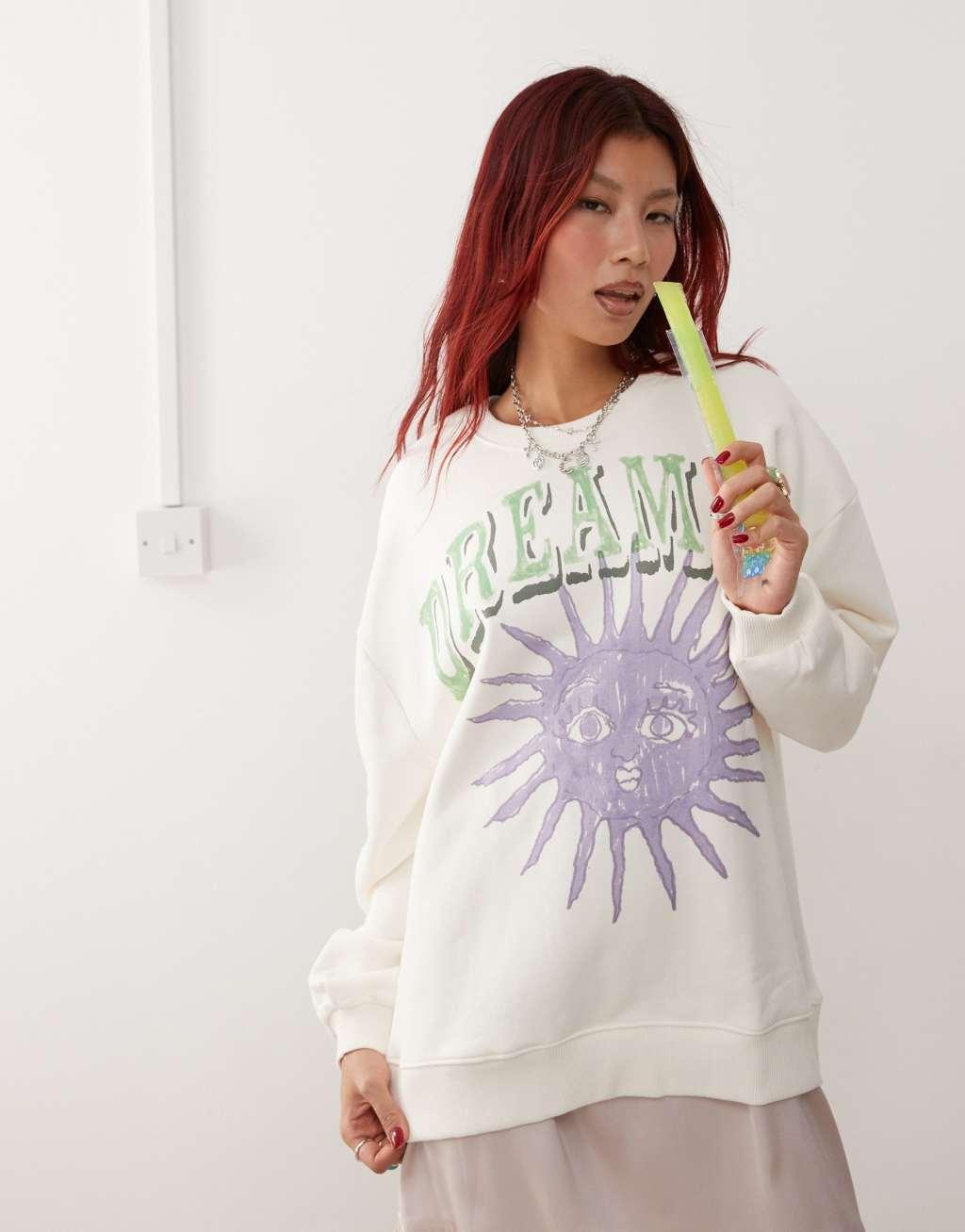 Monki oversized sweatshirt in white with dreamer front print Product Image