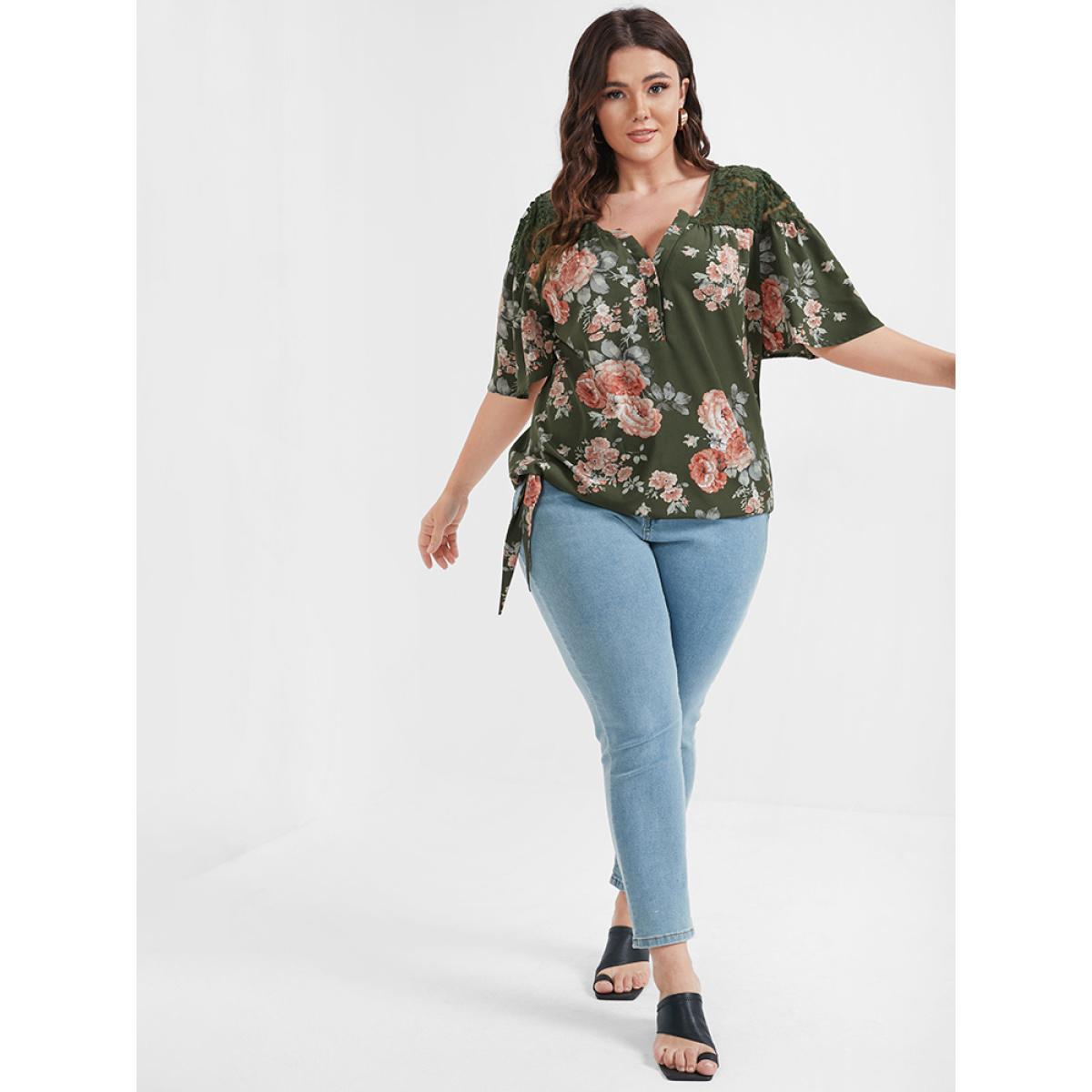 Plus Size Green Floral Contrast Lace Knotted Side Ruffled Blouse Women Elegant Half Sleeve V-neck Dailywear Blouses BloomChic 30/6X Product Image