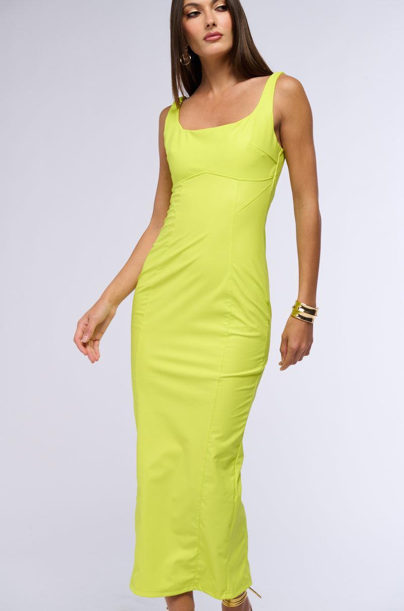 TAKE ME OUT FAUX LEATHER MAXI DRESS IN LIME Product Image