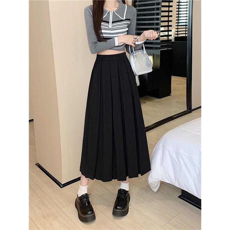 High Waist Plain Pleated Midi A-Line Skirt Product Image