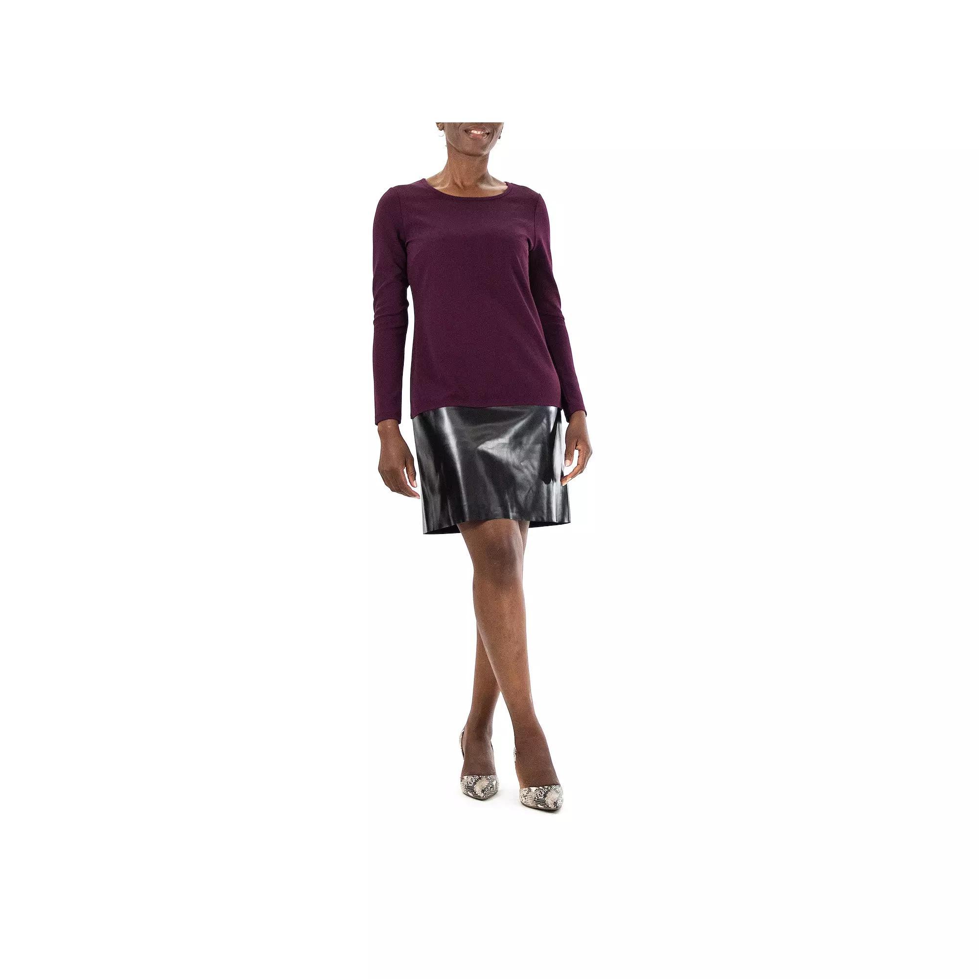 Women's Nina Leonard Long Sleeve Jewelneck Crepe Dress, Size: Medium, Black Plum Product Image