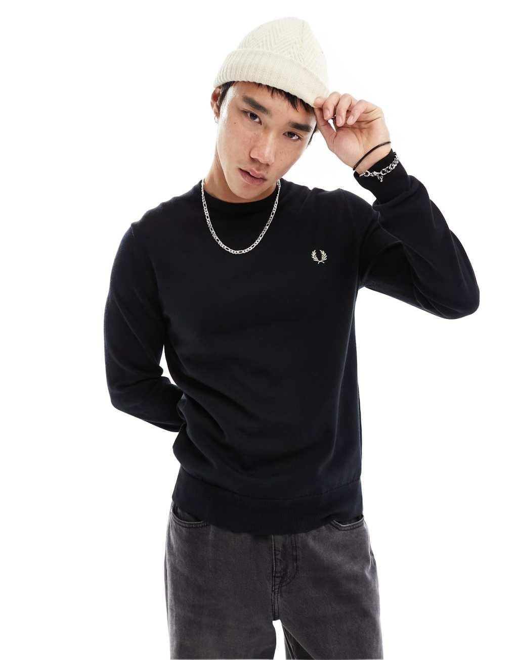 Fred Perry classic crew neck sweater in black Product Image