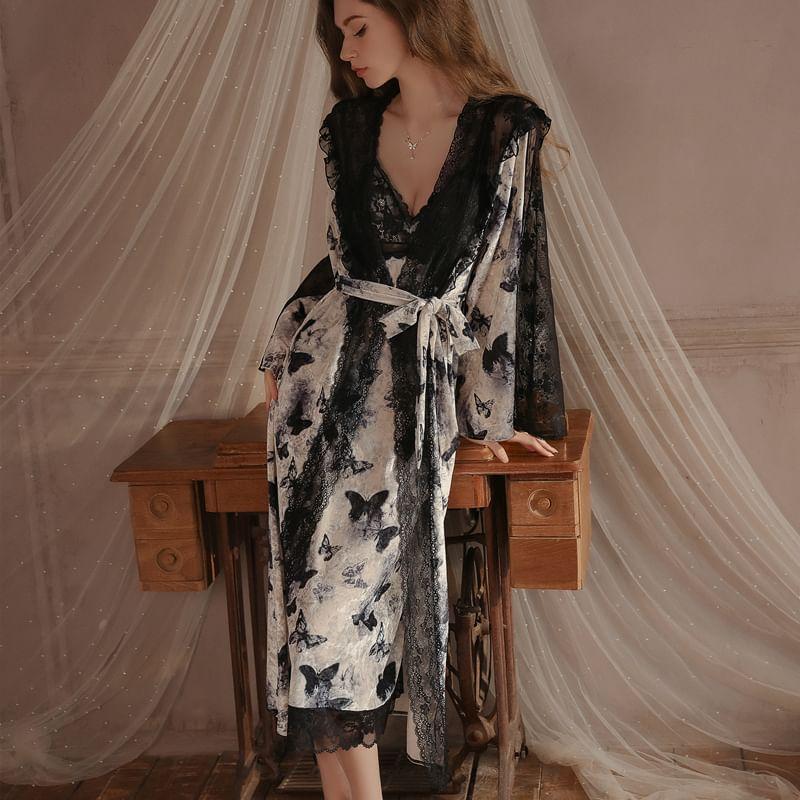 Spaghetti Strap V-Neck Butterfly Print Lace Panel Velvet Midi Nightdress / Pajama Robe / Set Product Image