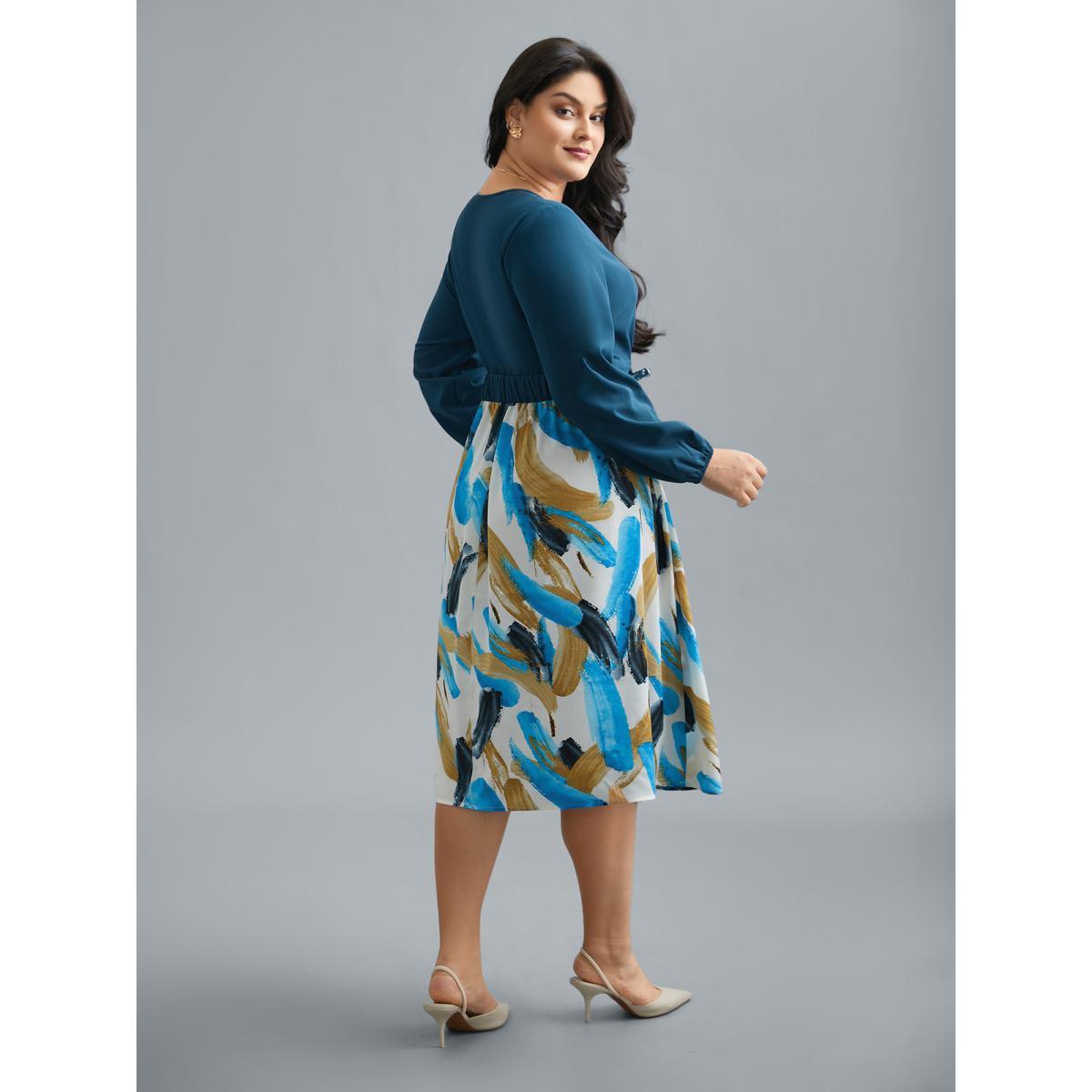 Plus Size Brush Stroke Print Contrast Spliced Dress Aegean Women Elegant Patchwork Overlap Collar Long Sleeve Curvy BloomChic 18-20/2X Product Image