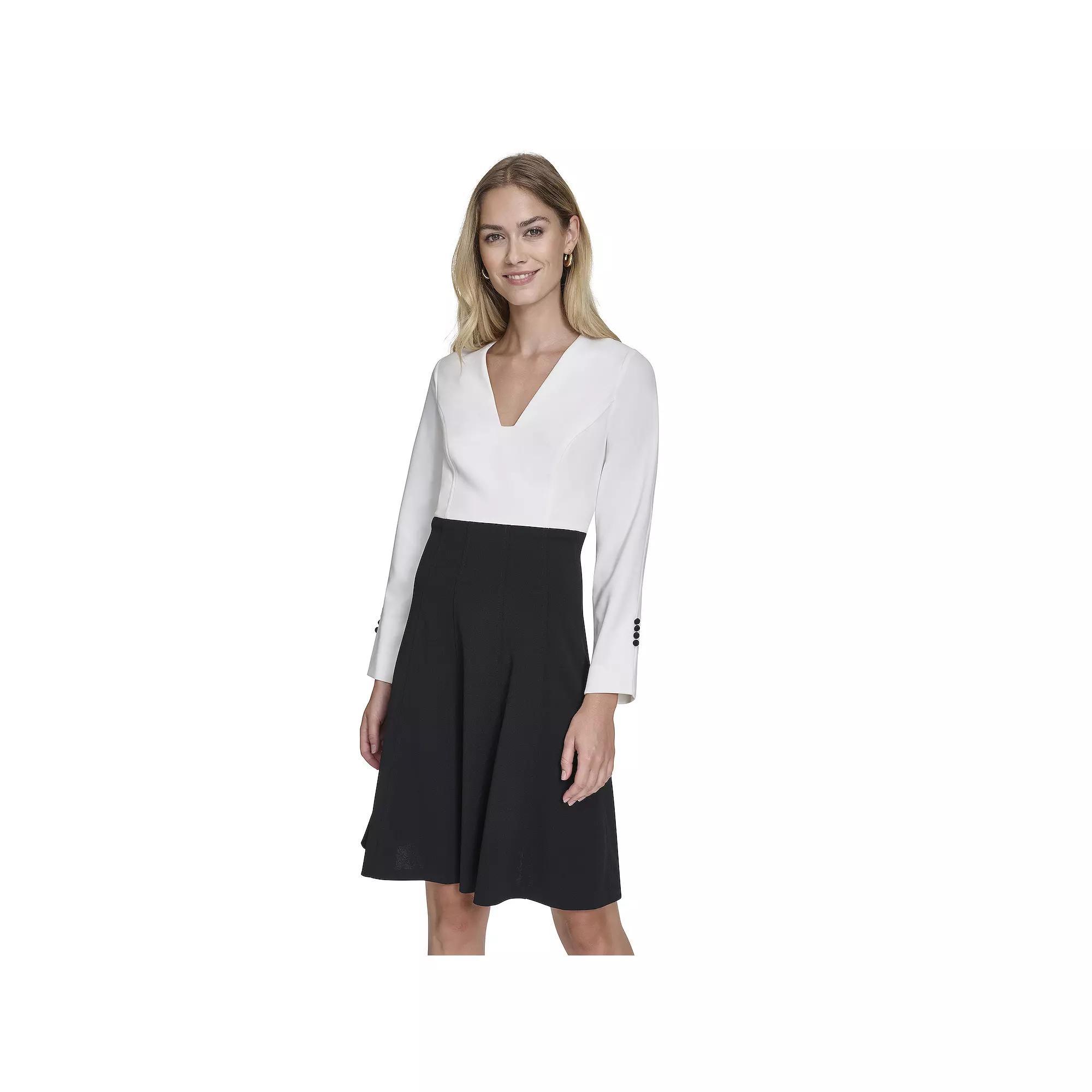 Women's Andrew Marc Quarter Sleeve V-Neck Fit & Flare Dress, Size: 10, Ivory Black Product Image