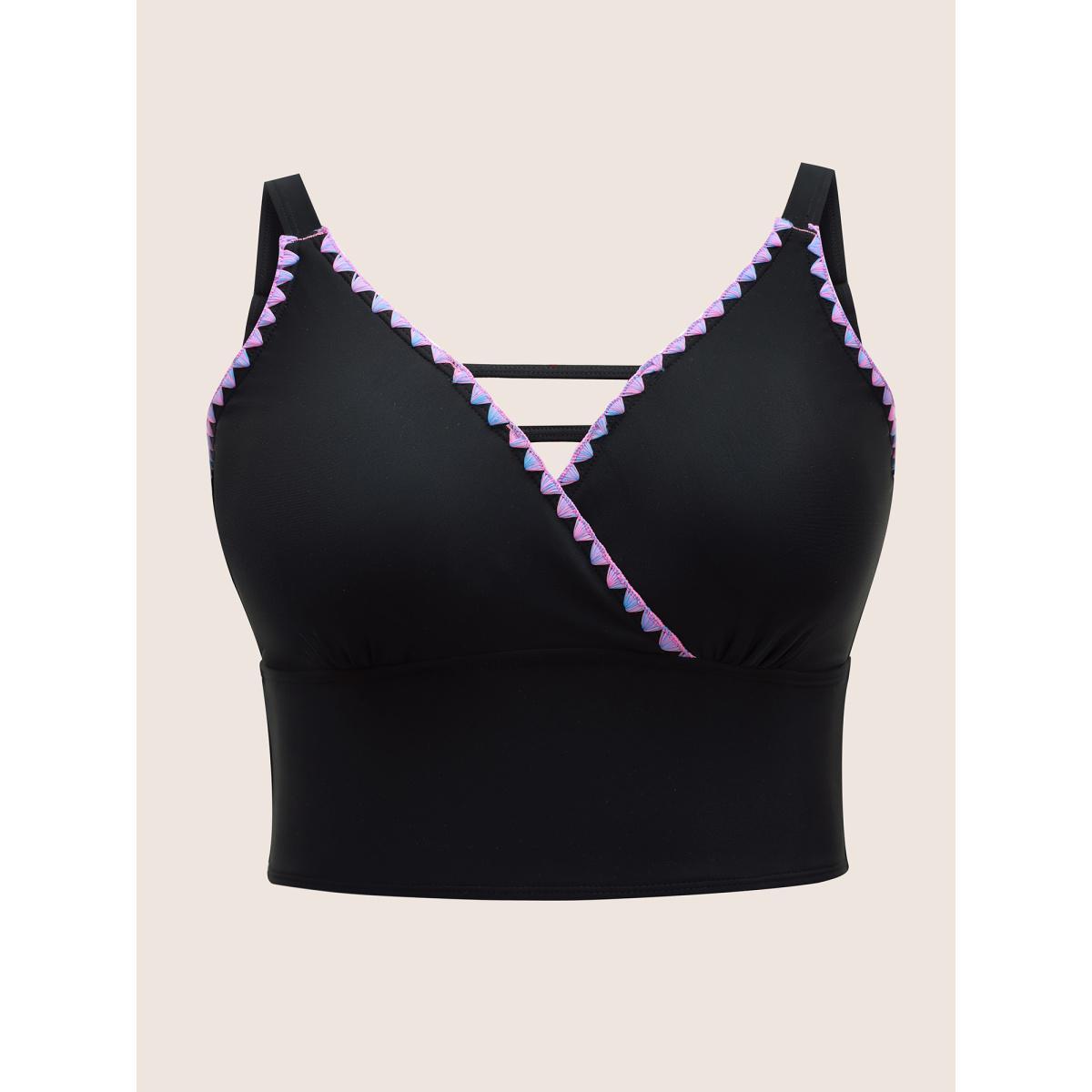 Plus Size Shell Stitch Hollow Out Warp Swim Top Women's Swimwear Black Beach Non High stretch Skinny V-neck Curve Swim Tops BloomChic 26/4X Product Image