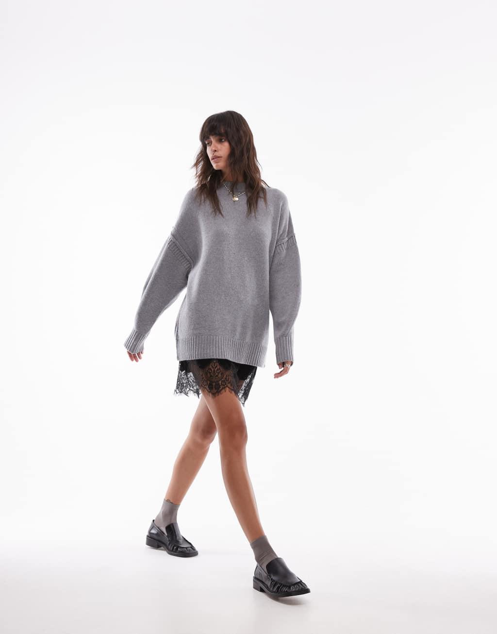 Topshop premium contrast seam wool blend oversized sweater in gray Product Image